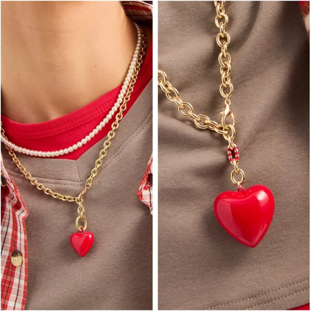 Set of 2 Roxanne Assoulin The Puffy Heart & Mini Heart Necklace in Red